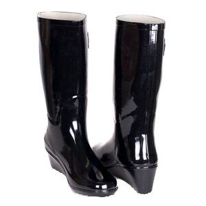 Women's Rubber Rain Boots, Wedge Garden Rainboots, Black, NEW